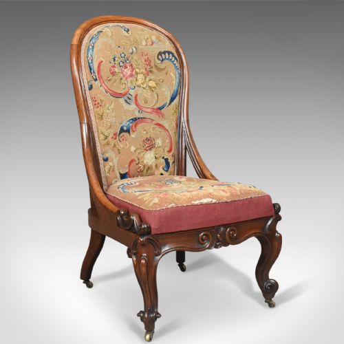 Antique Nursing Chair, English Walnut, Needlepoint Tapestry Victorian Circa 1840