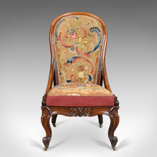 fig 1. Antique Nursing Chair, English Walnut, Needlepoint Tapestry Victorian Circa 1840