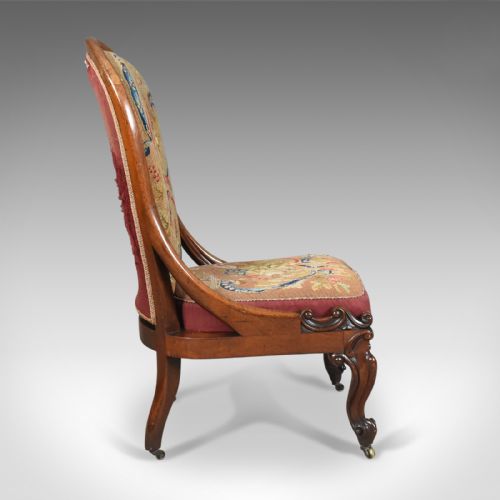 fig 2. Antique Nursing Chair, English Walnut, Needlepoint Tapestry Victorian Circa 1840