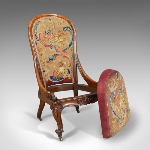 fig 4. Antique Nursing Chair, English Walnut, Needlepoint Tapestry Victorian Circa 1840