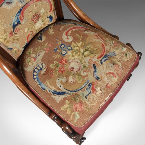 fig 5. Antique Nursing Chair, English Walnut, Needlepoint Tapestry Victorian Circa 1840
