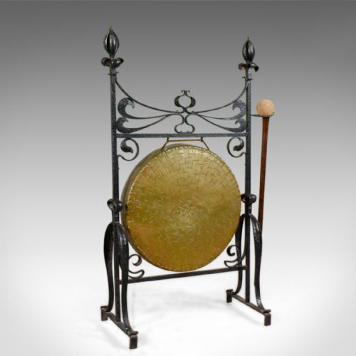 Large Bronze Antique Dinner Gong in Iron Frame, Art Nouveau, Circa 1920
