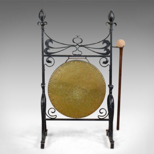 fig 1. Large Bronze Antique Dinner Gong in Iron Frame, Art Nouveau, Circa 1920