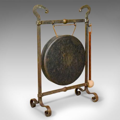 Large Antique Bronze Dinner Gong, Iron Frame, Medieval Styling, Victorian Circa 1900
