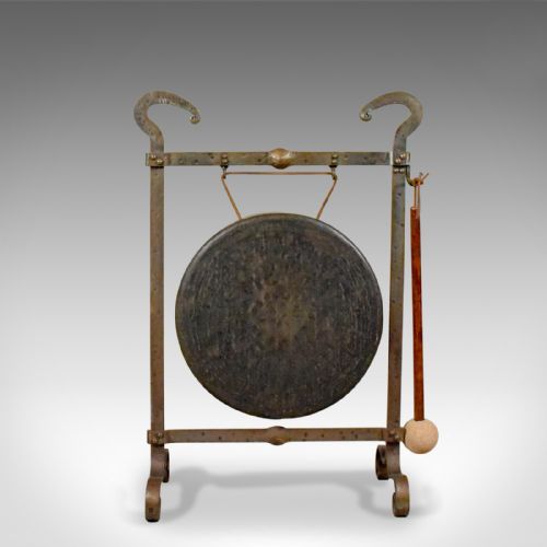 fig 1. Large Antique Bronze Dinner Gong, Iron Frame, Medieval Styling, Victorian Circa 1900