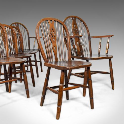 
Set of Six, Antique, Dining Chairs, English, Hoop Back, Windsor, Wheelback Elm C1900
