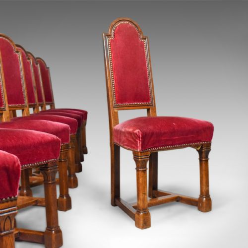 Antique Set of Eight Dining Chairs, English Oak, Red, Victorian Gothic C1860