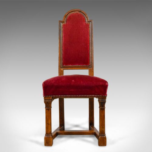 fig 1. Antique Set of Eight Dining Chairs, English Oak, Red, Victorian Gothic c1860