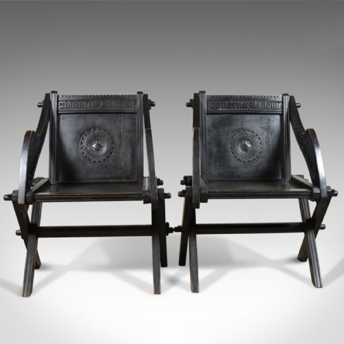 fig 1. Pair of Antique Glastonbury Chairs, English, Tudor Revival, Carved Hall, c1900