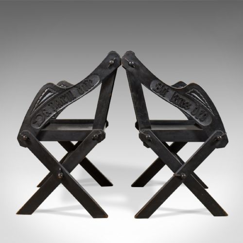 fig 2. Pair of Antique Glastonbury Chairs, English, Tudor Revival, Carved Hall, c1900