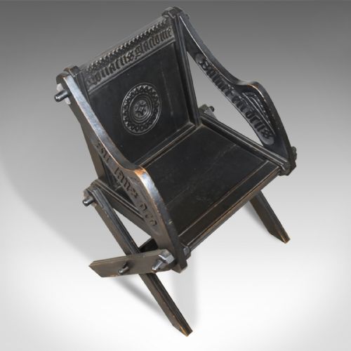 fig 3. Pair of Antique Glastonbury Chairs, English, Tudor Revival, Carved Hall, c1900