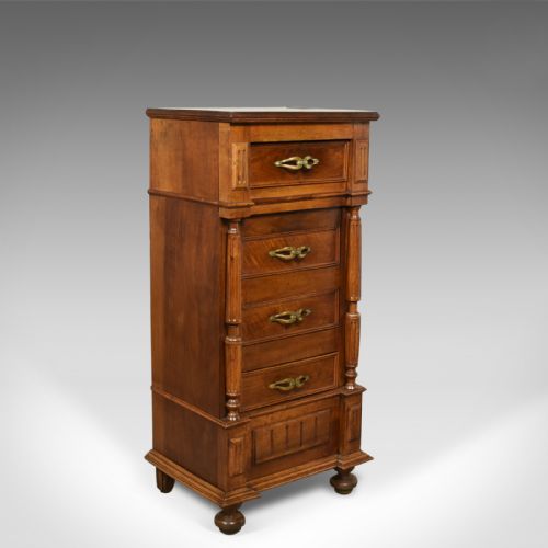 French Antique Side Cabinet, Narrow Pot Cupboard, Nightstand, Walnut, Circa 1900