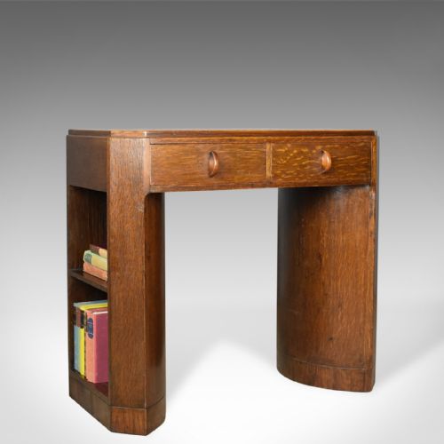 Art Deco Kneehole Writing Desk, English Oak, Leather, Circa 1930

