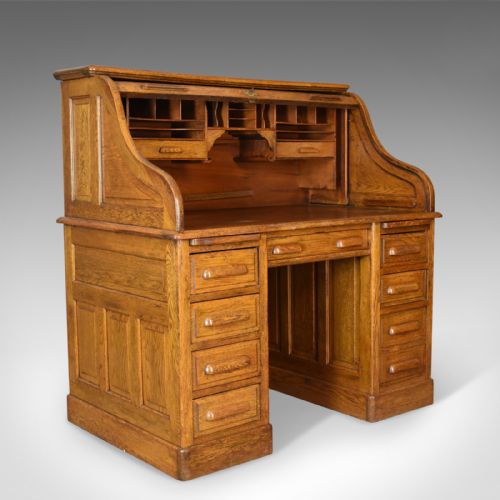 Antique Roll Top Desk, English, Oak, Victorian, Lock, Tambour, Circa 1900