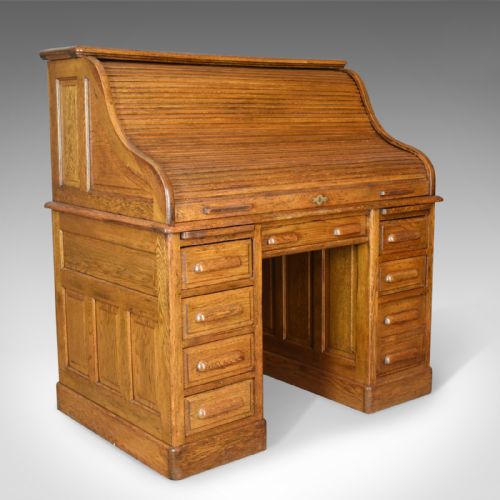 fig 1. Antique Roll Top Desk, English, Oak, Victorian, Lock, Tambour, Circa 1900