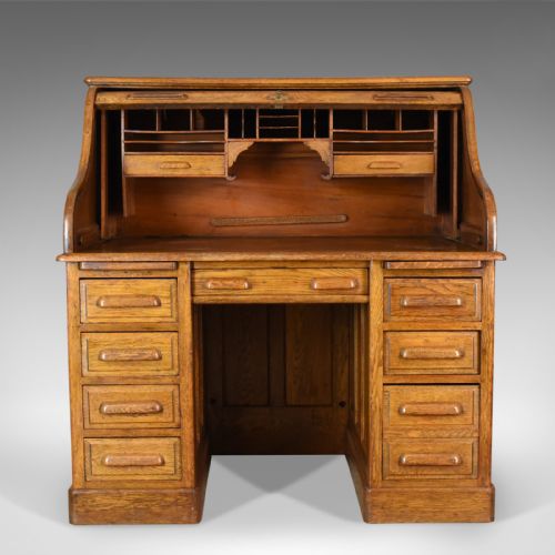 fig 3. Antique Roll Top Desk, English, Oak, Victorian, Lock, Tambour, Circa 1900