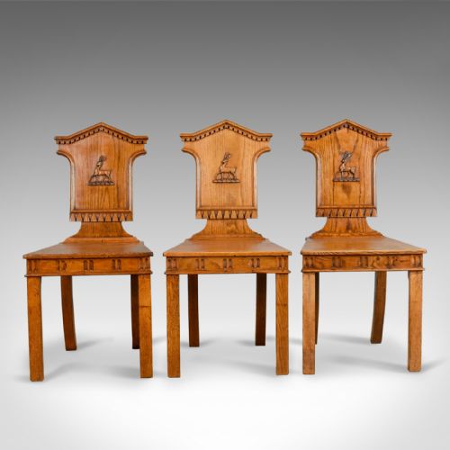 
Set of Three Antique Hall Chairs, Oak, Scottish, Stag, Regency Circa 1820