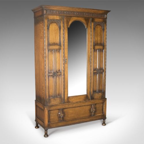 Antique Wardrobe, English Oak Mirror Door Compactum Gothic Overtones Circa 1910