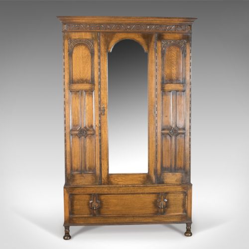 fig 1. Antique Wardrobe, English Oak Mirror Door Compactum Gothic Overtones Circa 1910