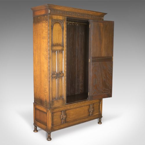 fig 3. Antique Wardrobe, English Oak Mirror Door Compactum Gothic Overtones Circa 1910