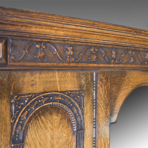 fig 4. Antique Wardrobe, English Oak Mirror Door Compactum Gothic Overtones Circa 1910