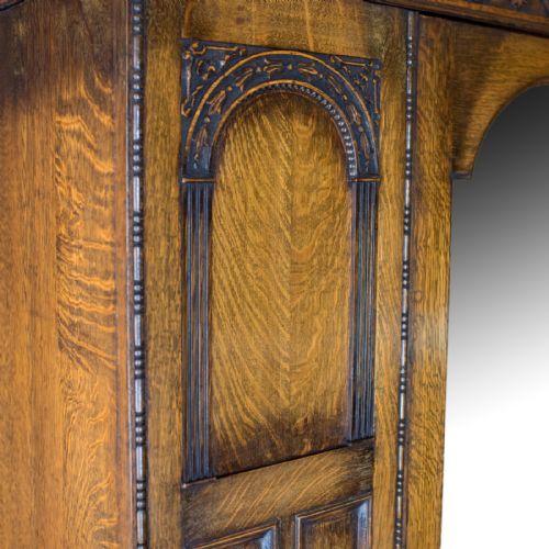 fig 5. Antique Wardrobe, English Oak Mirror Door Compactum Gothic Overtones Circa 1910