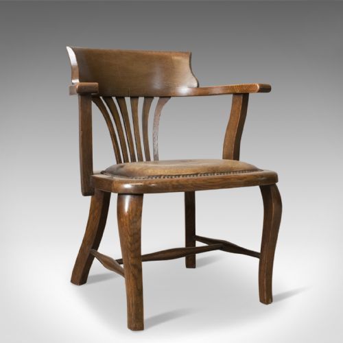 Antique Captain's Chair, English, Oak, Bow-back, Leather, Smokers Circa 1910