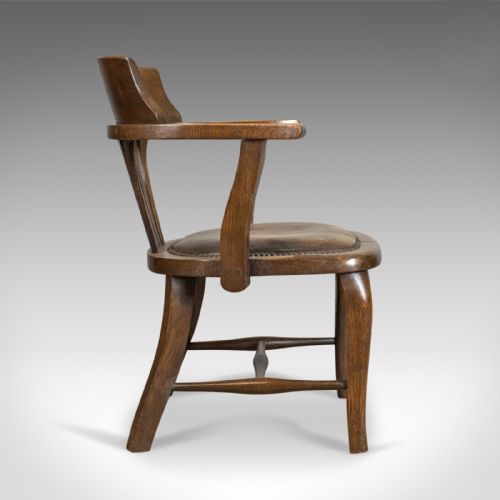 fig 1. Antique Captain's Chair, English, Oak, Bow-Back, Leather, Smokers Circa 1910