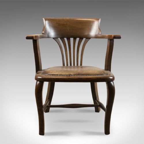 fig 2. Antique Captain's Chair, English, Oak, Bow-Back, Leather, Smokers Circa 1910