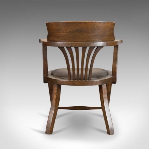 fig 3. Antique Captain's Chair, English, Oak, Bow-Back, Leather, Smokers Circa 1910
