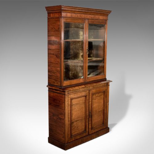 Antique Display Cabinet, Tall, Victorian, Rosewood, Bookcase, Circa 1900