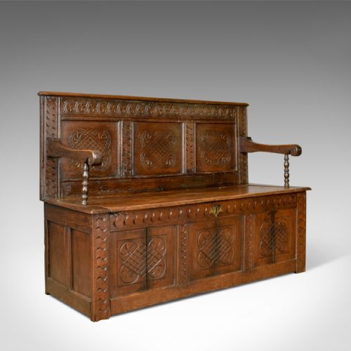 Antique Coffer Settle, English, Oak, Hall, Bench, Seat, Circa 1700
