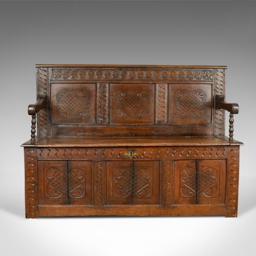 fig 1. Antique Coffer Settle, English, Oak, Hall, Bench, Seat, Circa 1700