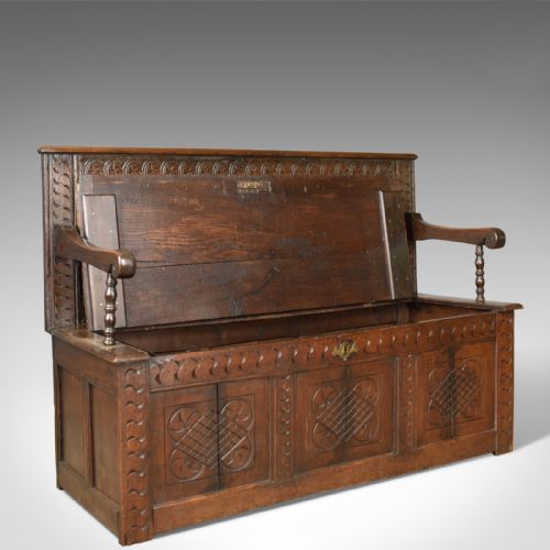 fig 4. Antique Coffer Settle, English, Oak, Hall, Bench, Seat, Circa 1700