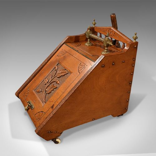 fig 1. Antique Arts & Crafts Log Bin, Walnut Coal Purdonium, Victorian Fireside C.1860