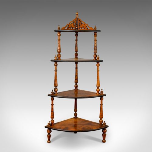 Antique Whatnot, English, Burr Walnut, Four Tier Corner Display Stand Circa 1880