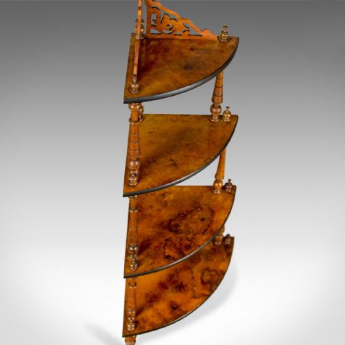 fig 2. Antique Whatnot, English, Burr Walnut, Four Tier Corner Display Stand Circa 1880
