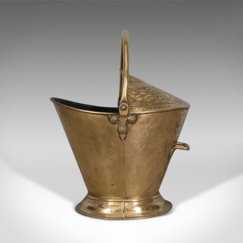 fig 3. Antique Coal Scuttle, Brass Fireside Log Bin, Companion Tools English Circa 1900