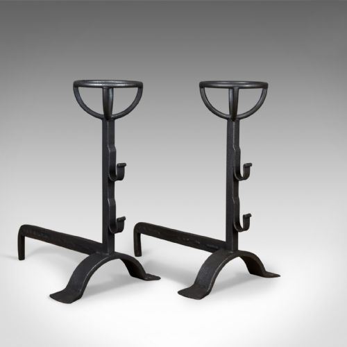 Antique Firedogs, Andirons, Iron, Tall, Spit Racks, English, Victorian, C.1900
