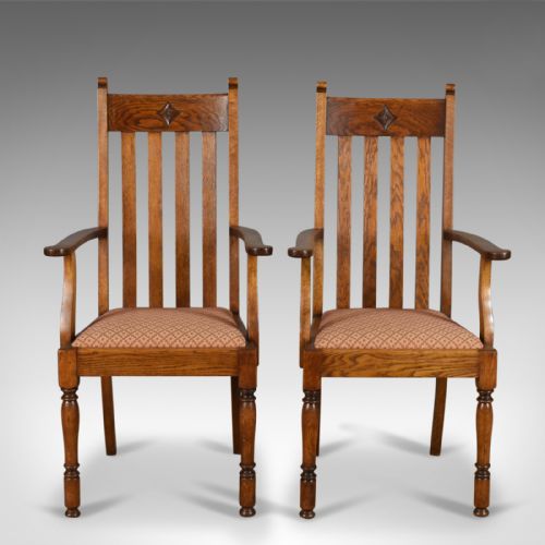 Pair of Antique Armchairs, Arts & Crafts, Liberty-esque, Oak, Carver, Circa 1910