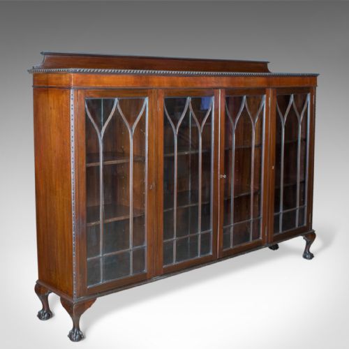 Antique Glazed Bookcase, Long, Edwardian, Mahogany, Cabinet, Gothic Circa 1910