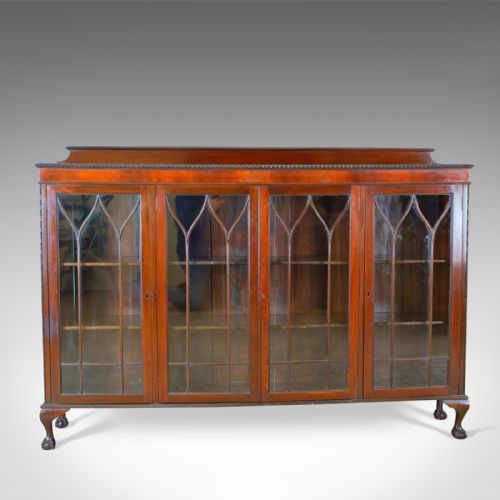 fig 1. Antique Glazed Bookcase, Long, Edwardian, Mahogany, Cabinet, Gothic Circa 1910
