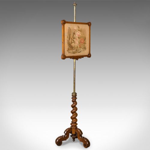 Antique Pole Screen, English, Victorian, Needlepoint, Tapestry Panel Circa 1860
