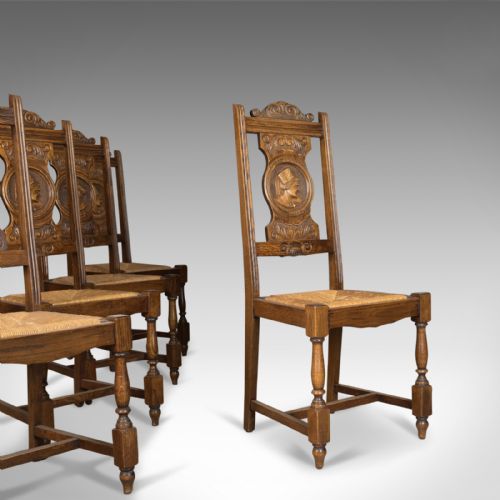 Set of Five Antique Dining Chairs, Flemish Country Kitchen, Oak, Rush Circa 1910