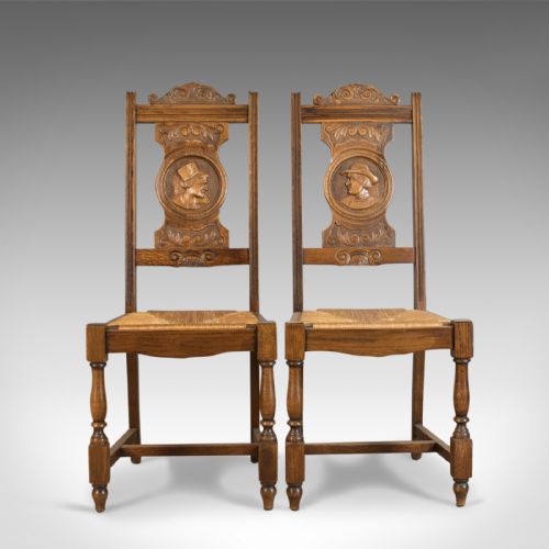 fig 1. Set of Five Antique Dining Chairs, Flemish Country Kitchen, Oak, Rush Circa 1910