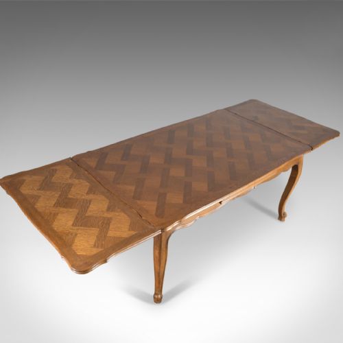 fig 3. Antique Dining Table, Oak, Draw Leaf, Extending, French Parquet Seats Ten c.1920
