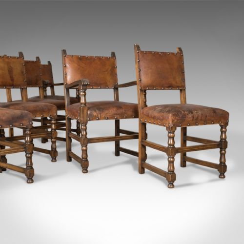 Set of Six Antique Dining Chairs, Edwardian in 17th Century Taste, Oak Leather