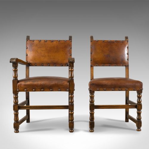 fig 1. Set of Six Antique Dining Chairs, Edwardian in 17th Century Taste, Oak Leather