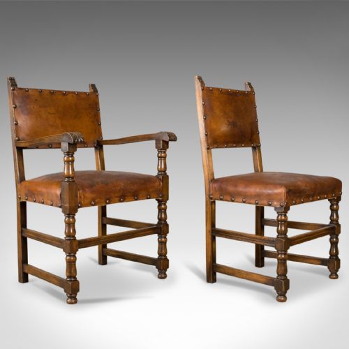 fig 2. Set of Six Antique Dining Chairs, Edwardian in 17th Century Taste, Oak Leather