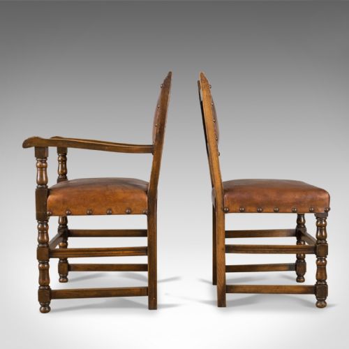 fig 3. Set of Six Antique Dining Chairs, Edwardian in 17th Century Taste, Oak Leather